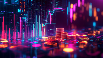 Stacks of gold coins sit on a vibrant digital surface displaying dynamic financial charts and data symbolizing cryptocurrency growth and investment