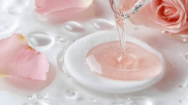 Realistic close-up of rose water being applied to a cotton pad on a white background, showcasing its transparent liquid and smooth texture with fine detailing
