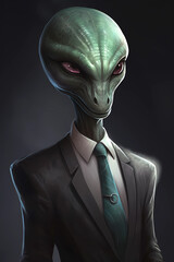 Alien in a business suit. AI generation