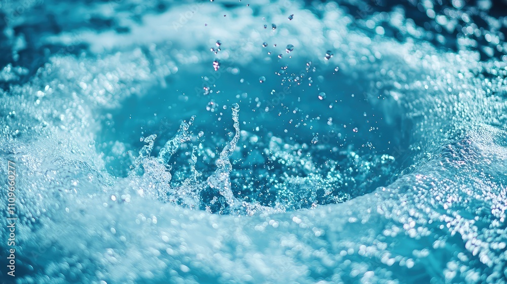 Poster close-up of droplets splashing in a pool of clear turquoise water creating bubbles and ripples in an