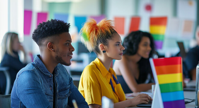 Diverse LGBTQ+ individuals working in a modern office with rainbow flags, celebrating inclusivity and equality
