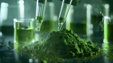 Fototapeta premium Green pigment under microscope in lab . heap of chlorella or spirulina algae cells, chlorophyll or matcha, on green background. superfood concept powder. Plasma. Illustration