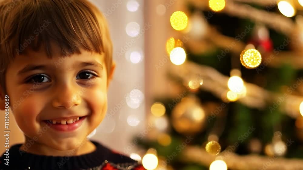 Poster young boy is standing in front of a christmas tree with many ornaments. he is smiling and looking at