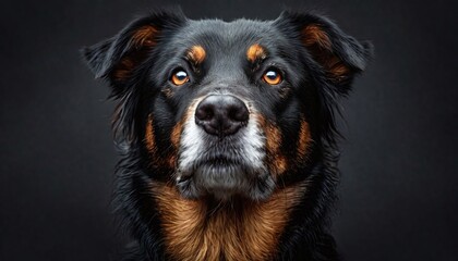Fototapeta premium Black dog closeup portrait in high resolution on plain black background. 