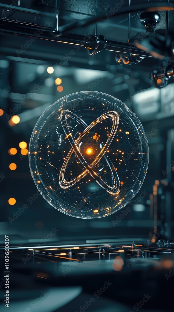 Poster abstract representation of atomic structure with luminous orbits and glowing particles, showcasing a