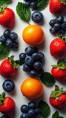 A close-up of various berries, including strawberries and blueberries, arranged in a pattern that resembles the shape of an octagon. The background is a dark red color to create contrast with the brig