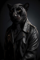 Black panther in leather jacket. AI generation