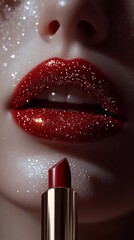 A close-up shot of an elegant red lipstick, centered on the right side with its silver packaging visible against a soft white background. The lips behind it are out of focus and adorned with delicate 