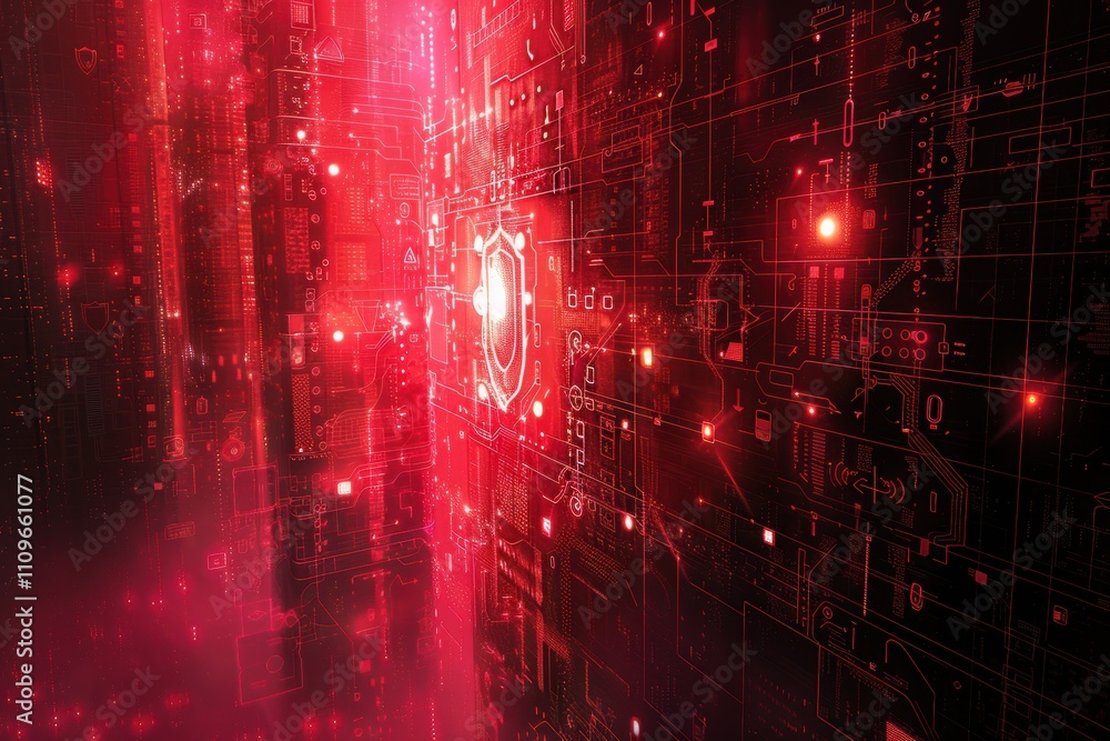 Poster abstract digital background with red tones and circuit patterns.