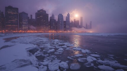 Cityscape with Fog, Sun, and Ice-Covered Water
