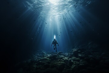 Diver explores the depths of the ocean beneath beams of sunlight. Generative AI