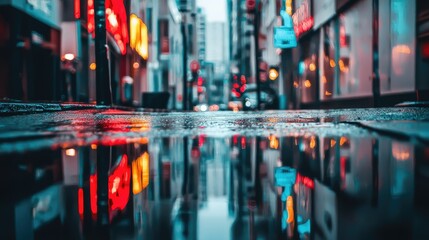 Obraz premium Urban Nightscape with Neon Reflections in Puddles on a Rainy Street Capturing Vibrant City Lights and Moody Atmosphere in a Dynamic Alley