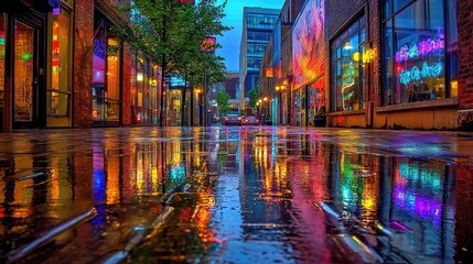 Vibrant Reflections in a Colorful Urban Alleyway After Rain with Neon Lights, Trees, and Glass Architecture Creating a Mystical Atmosphere