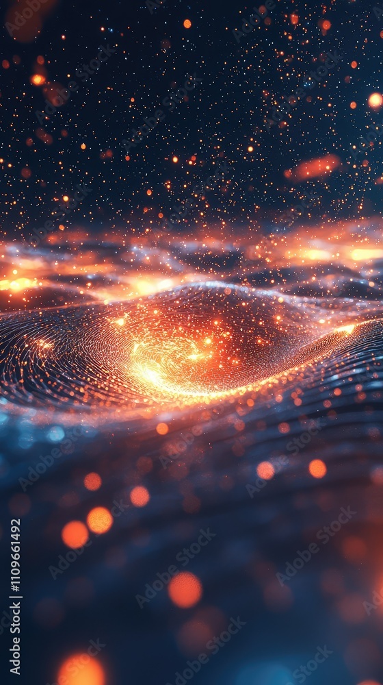 Poster abstract cosmic scene showcasing vibrant glowing particles and waves, illuminated with hues of orang