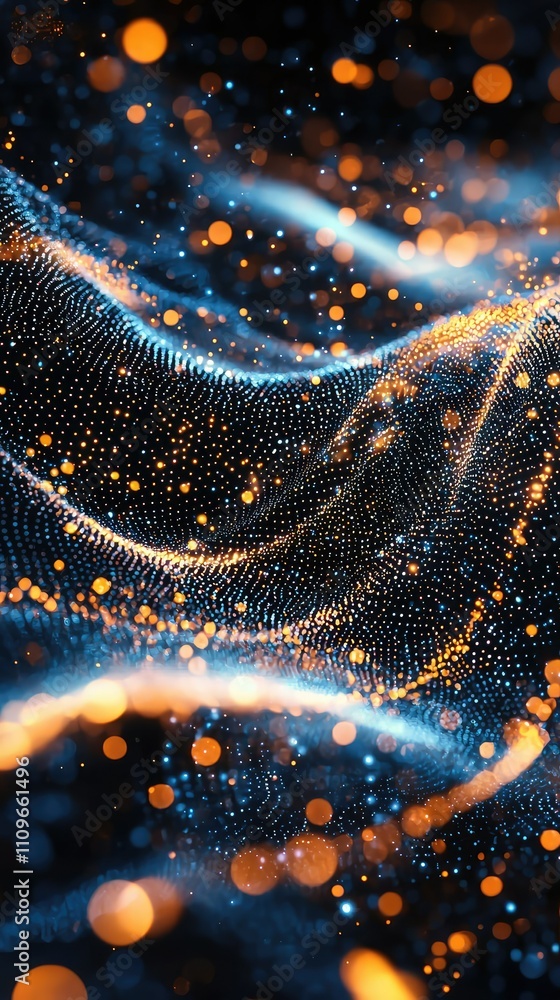 Poster abstract wave pattern with glowing particles in blue and orange hues, creating a mesmerizing flow de