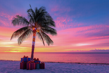 Christmas lights decorated palm tree with wrapped gifts on beach, colorful sunset in background