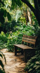 Obraz premium Tranquil Wooden Bench Surrounded by Lush Green Foliage in a Serene Garden Pathway Ideal for Relaxation and Nature Appreciation