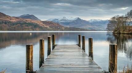 Fototapeta premium Serene Wooden Dock Overlooking Tranquil Lake Surrounded by Majestic Mountains and Lush Greenery Under a Cloudy Sky at Dusk