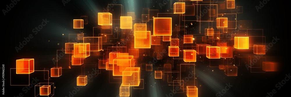 Poster dynamic abstract composition of glowing cubes in vibrant orange hues. generative ai