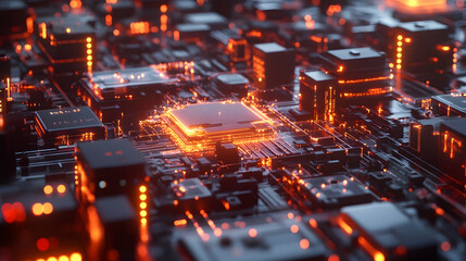 Obraz premium A futuristic circuit board cityscape glowing with orange and white highlights, symbolizing data flow and interconnected networks.