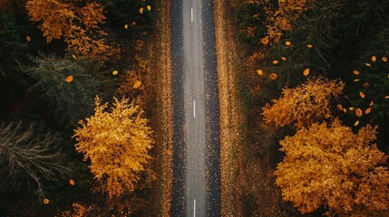 Aerial View of a Serene Autumn Road Surrounded by Colorful Trees and Falling Leaves in a Scenic Landscape of Vibrant Fall Foliage