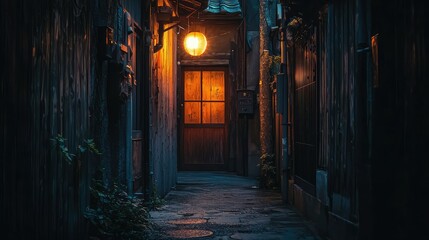 Obraz premium Serene Nighttime Alley with Glowing Lantern in Quiet Urban Setting, Evoking Nostalgia and Calmness in a Beautifully Warm Atmosphere