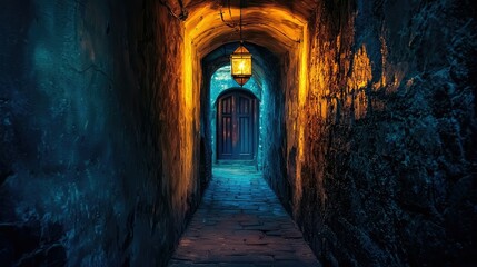 Obraz premium Mysterious and Enigmatic Stone Passage with Soft Glow of Lantern Light Leading to a Closed Doorway in an Ancient Old Town Environ