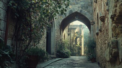Serene Cobbled Street in an Ancient Village Surrounded by Lush Greenery, with Stone Walls and Quaint Architecture Illuminated by Soft Natural Light