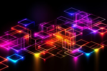 Obraz premium Vibrant neon grid patterns illuminate a digital landscape at night. Generative AI