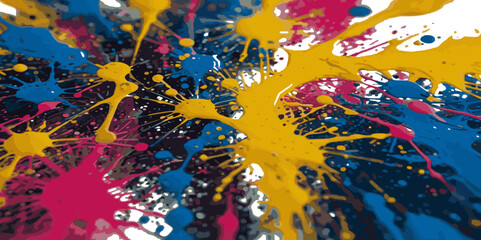 Abstract dripping colorful ink Splashes and drops paint circle isolated white background. 