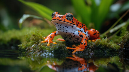 Fototapeta premium Bright red frog resting on moss by the water, showcasing vibrant nature and ecology