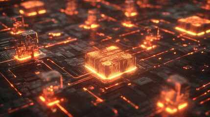 A glowing orange cube embedded on a circuit board, symbolizing futuristic data storage and energy systems.