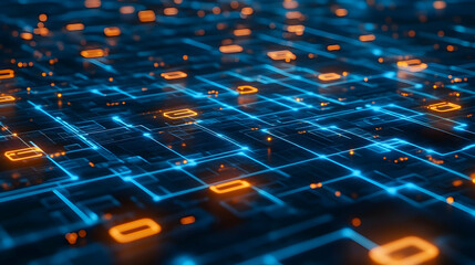 Fototapeta premium A futuristic blue grid with glowing orange nodes, illustrating connected data points and advanced networking.