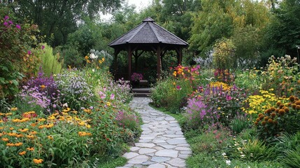 Obraz premium Serenity in Bloom: A Peaceful Garden Pathway Leading to a Charming Gazebo Surrounded by Vibrant Flowers and Lush Greenery on a Sunny Day