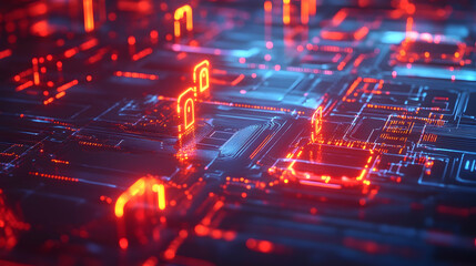 Glowing red padlocks scattered across a high-tech digital circuit board, symbolizing enhanced cybersecurity measures.