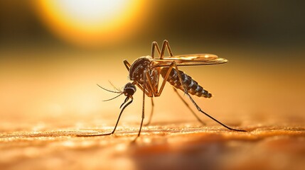 Golden hour highlights a mosquito emerging in soft light on a warm surface. Generative AI