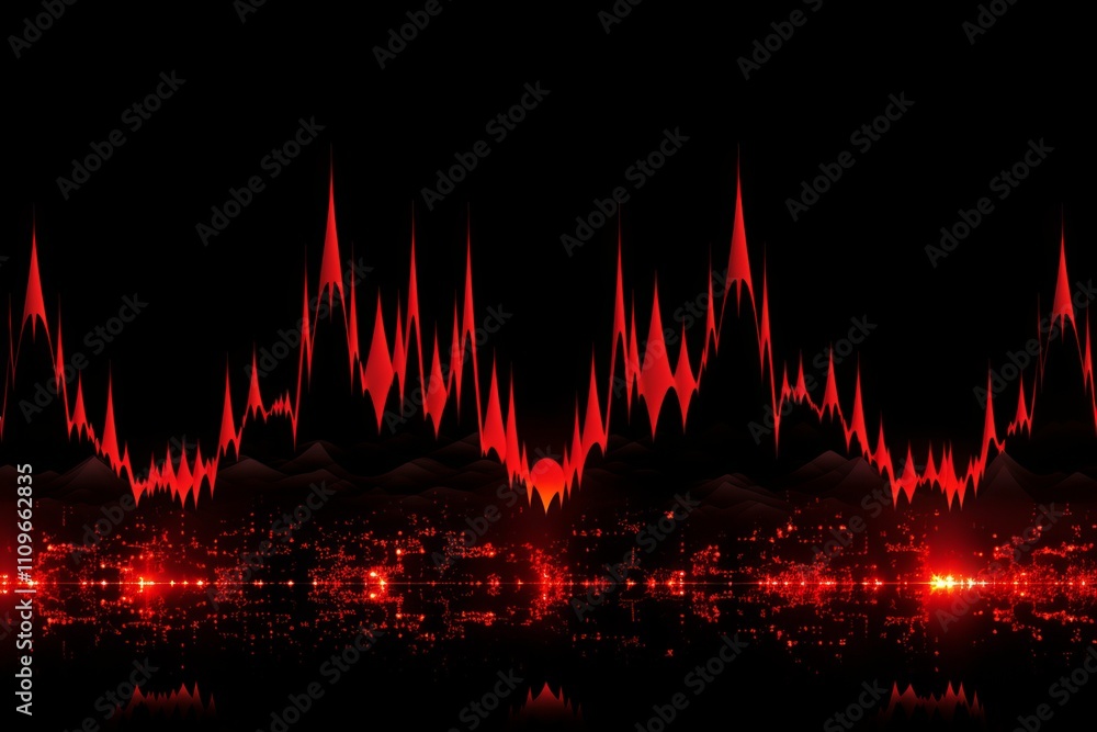 Poster dynamic red waveform reflecting pulsating city lights at night. generative ai