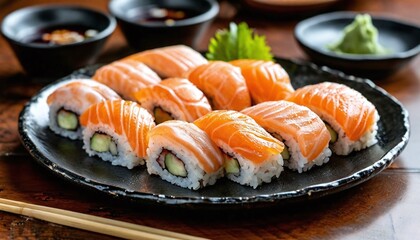 “Sushi & Wasabi Platter: A variety of sushi including fish, rice and seaweed rolls with wasabi and soy sauce.