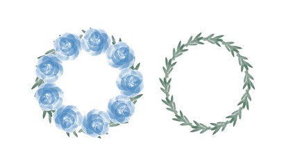 A frame set of blue flowers in watercolor style - Roses and plants.