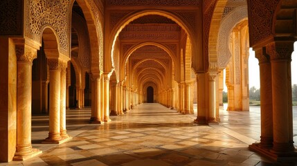 Fototapeta premium Majestic Arched Hallway with Intricately Carved Pillars and Warm Golden Light Illuminating the Spacious Interior of an Iconic Architectural Marvel