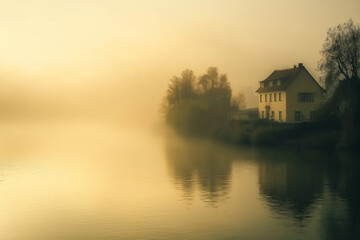 Fototapeta premium Serene house by the foggy lake during sunrise, embodying quiet contemplation