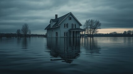 Fototapeta premium Abandoned house in calm floodwaters under dramatic sky