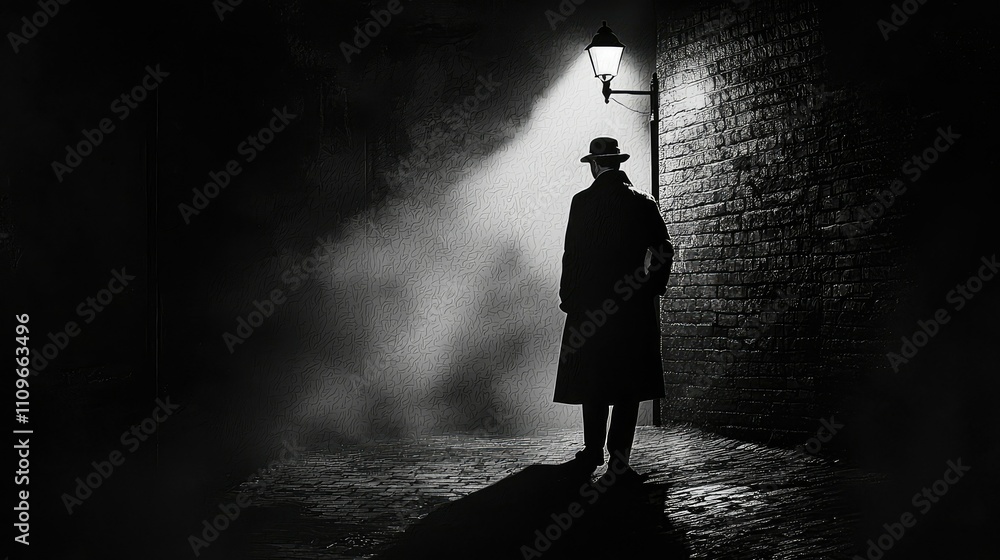 Poster mysterious figure in shadowy alley under streetlamp creating an atmospheric scene that evokes suspen
