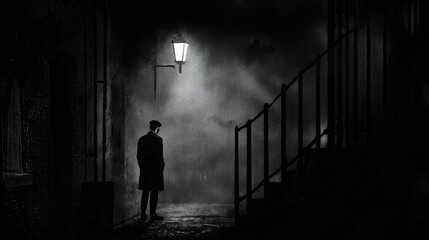 Mysterious Figure in Foggy Alleyway with Vintage Streetlight Illuminating Shadows in Dark Urban Environment at Night