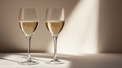 A pair of champagne glasses, on a plain background.