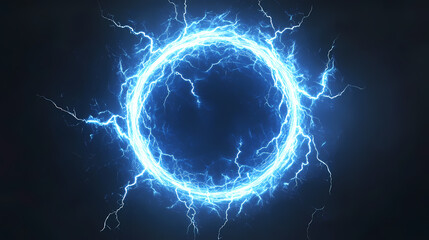 Futuristic glowing blue hologram circles with lightning plasma portal isolated on black digital abstract background. Plasma. Illustration