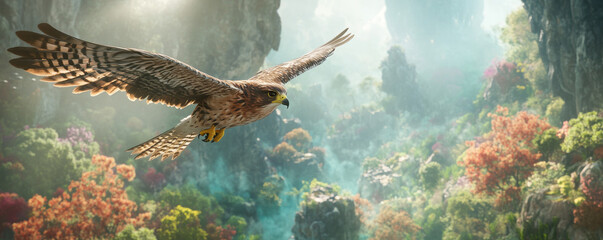 Fototapeta premium falcon soars over vibrant forest, wings spread wide in flight.