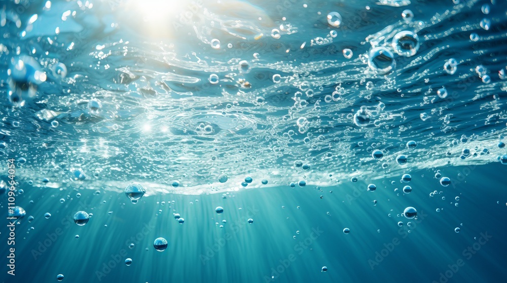 Poster enchanting underwater world filled with shimmering bubbles and soft light rays. generative ai