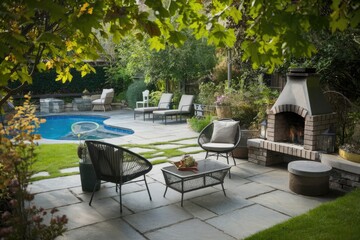 Obraz premium Backyard patio with fireplace and swimming pool enjoying summer day
