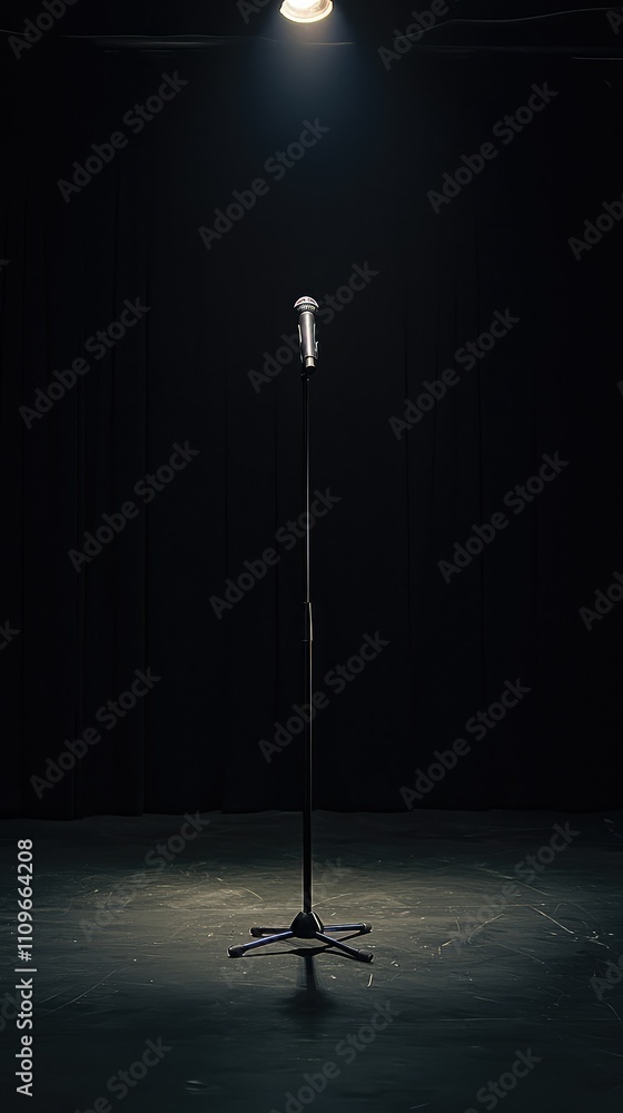 Poster Empty Stage with Microphone in Spotlight, Symbolizing Anticipation and Performance in a Darkened Theater Setting for Events and Presentations